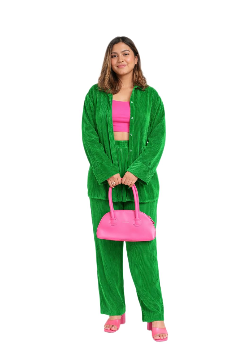 Pleated Hot Green Coords Set Womens Satin Shirt Pant Outfit Loose Fit Full Sleeves-image-5