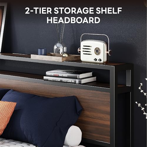 Image of LIKIMIO Queen Bed Frame with Headboard, Dark Wood Camas Queen with Strong Supports, Sturdy, Noise-Free, No Box Spring Needed, Dark Walnut