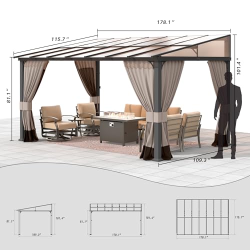 Gotland-10FTx14FT-Outdoor-Wall-Mounted-Hardtop-Pergola-Metal-Frame-Gazebo-with-Sloping-Sun-Panel-Roof-and-Double-Curtains-for-Patio-Garden-Lawn-Khaki Gotland 10FTx14FT Outdoor Wall Mounted Hardtop Pergola Metal Frame Gazebo with Sloping Sun Panel Roof and Double Curtains for Patio Garden Lawn Khaki