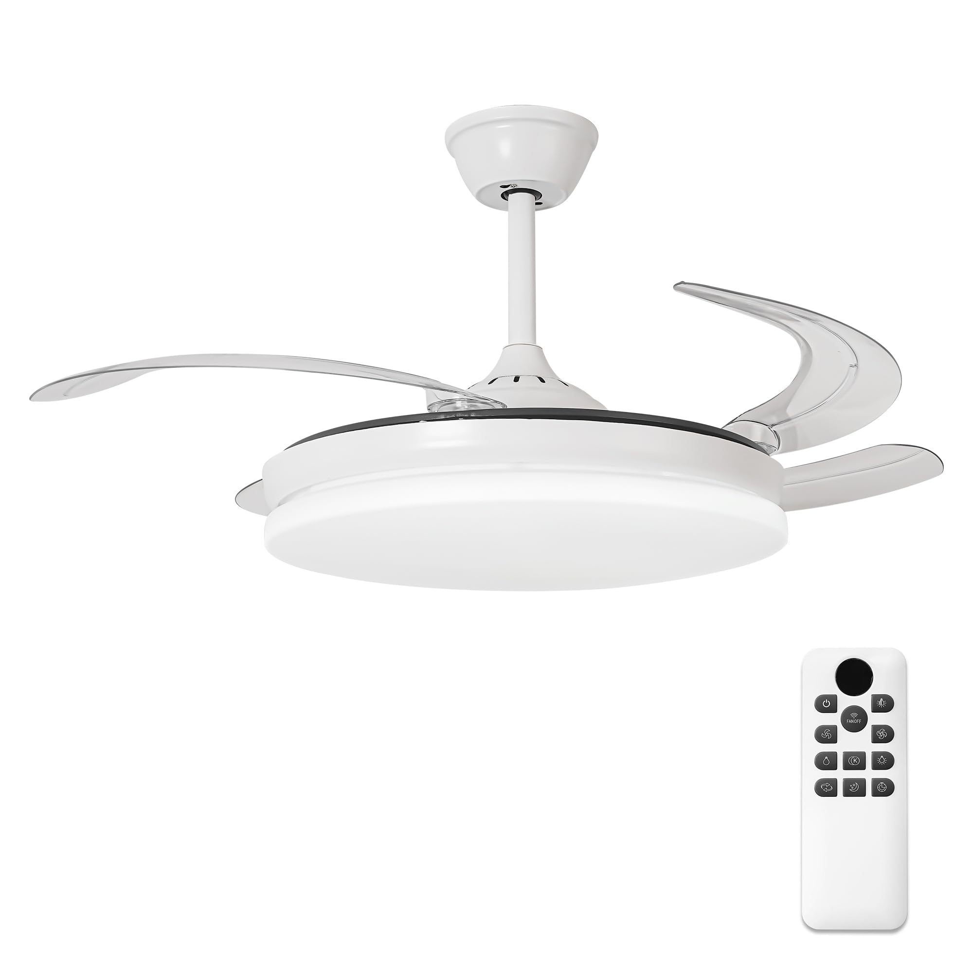 Parrot Uncle Ceiling Fan with Light and Retractable Blades, 36W, Silent DC Motor, Diameter 106 cm, Summer and Winter Function, 6 Speeds, Programmable, Remote Control, White