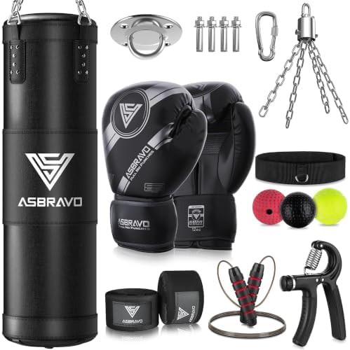 ASBRAVO Boxsack Set für Erwachsene, 120cm Schweren mit 12oz Boxhandschuhen | 5 m Boxbandagen, Oxford-Gewebe mit PU-Schlagfläche, verstärkte Bodennähte, Montagezubehör; für MMA und