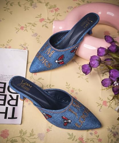 Image of JM LOOKS Pointed Toe Kitten Heel Mules Featuring Exquisite Bee Embroidery and Shimmering Textured Fabric Finish