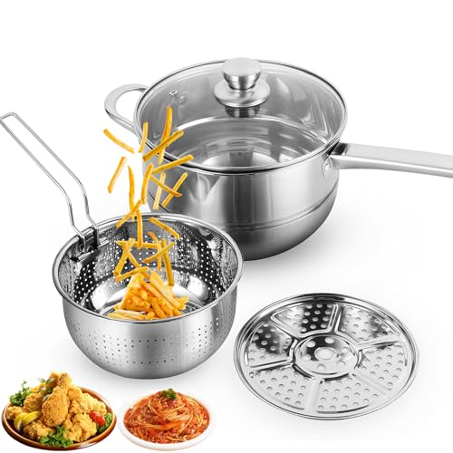 Ollas Y Sartenes Eléctricos, Kitchen Freidora de Aceite de Acero Inoxidable con Cesta para Freidora, TXG Vaporera,3 IN 1 Ollas de Cocina Multifuncional - Vapor, Freír y Hervir, Vaporera Verduras...