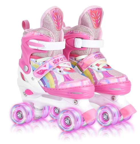 YUDOXN Roller Quad Enfant Filles et Garçons Avec 8 Roues Lumineuses, Taille Réglable (31-42) (TP-Rose, S)