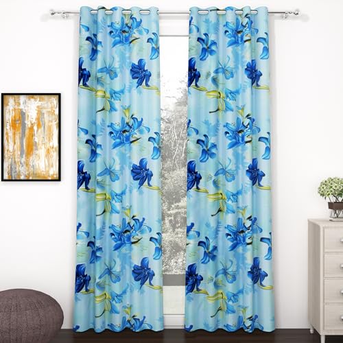 Image of Door Curtains 7 Feet Long Set of 2 | Polyester | Floral Design, Room Darkening Curtains and Drapes | Door Curtains for Living Room | (118 x 215 cm, Blue) | Perfect for Home Decor