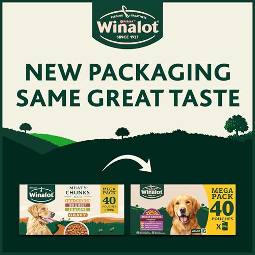 WINALOT Meaty Chunks Adult Nassfutter für Hunde, gemischt in Soße, Rind, Huhn, Lamm, 40x100g Beutel