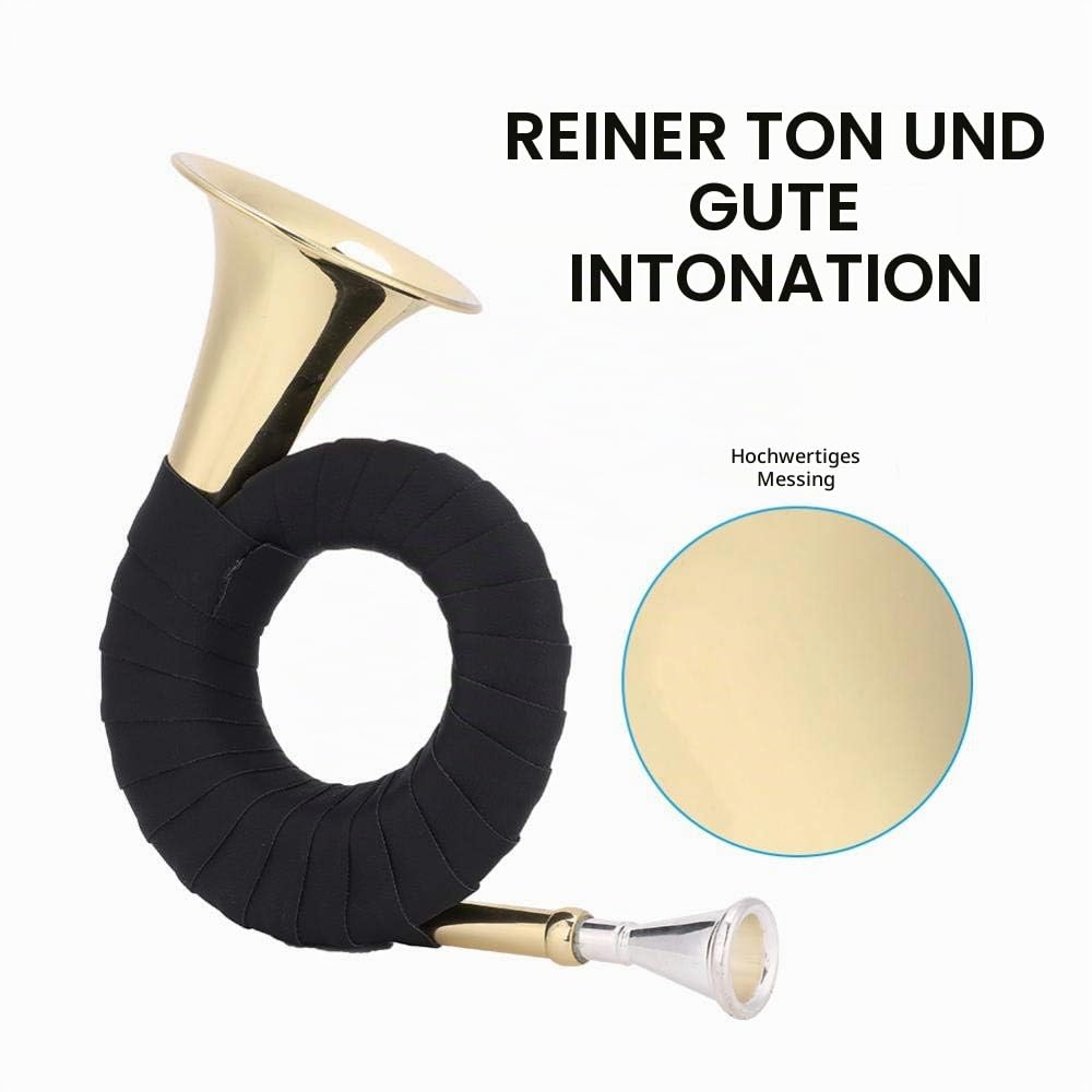 Bb Jagdhorn, Messing Jagdhorn Mini leichte tragbare Horn Messing Instrument Set mit Aufbewahrungstasche sauberes Tuch und Halterung