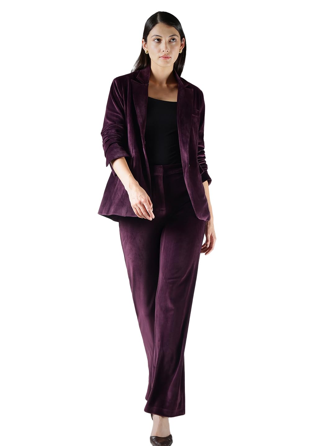 Women Formal Co-Ords | Velvet Blazer with Notched Lapel Collar & Full Sleeves | Straight Fit Trousers with High Rise Waistband | Solid Pattern for Work-image-20