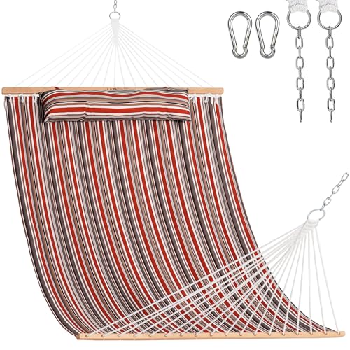 Image of Lazy Daze Hammocks 12FT Quilted Fabric Double Hammock with Hardwood Spreader Bar, Detachable Pillow and Carabiners for Outside, 2 Person Hammock for Outdoor, 450LBS Capacity, Red Brown