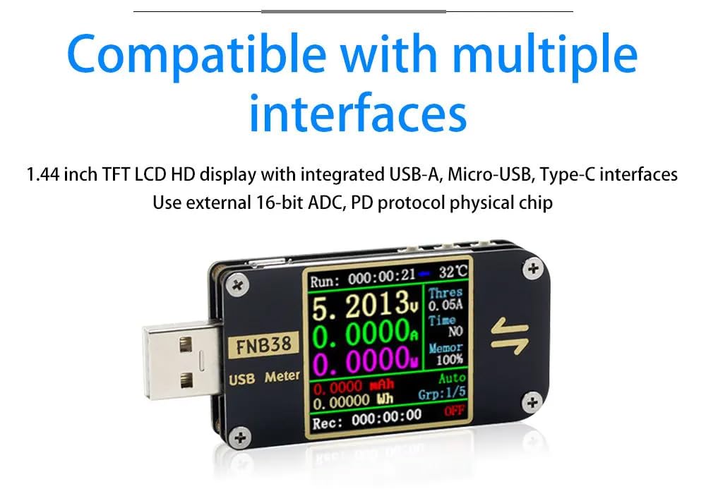 DollaTek FNB38 USB-Messgeräte, Multimeter, Strom- und Spannungsmonitor, 4.44 Zoll IPS-Farb-LCD-Display, DC 4-24 V, 5 A, QC 2.0/3.0
