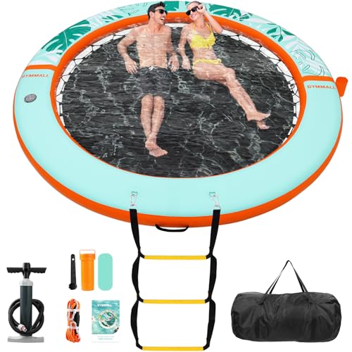 GYMMALL Inflatable Water Hammock Floating Dock 8 FT with Mesh, Tanning Pool Float Round Ring for Adults, Sunchill Mat Raft Platform for Lake and Beach with Water Ladder and Cup Holder - Orange Green