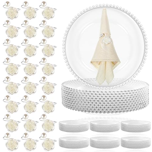Tioncy 50 Clear Charger Plates with 50 Napkin Rings Bulk Set, 13 Inch Beaded Plastic Round Plates for Dinner, Wedding, Party, and Event Table Decoration (Silver)