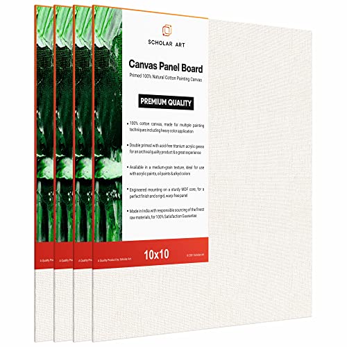 Image of Scholar Art Hobby Series 04 Oz (230 GSM) 100% Cotton Canvas Panel Board for Painting (White Blank Canvas Boards for Acrylic Paint, Oil Paint, Wet & Dry Media) | 10 inchx10 inch (25x25 cm), Pack of 4
