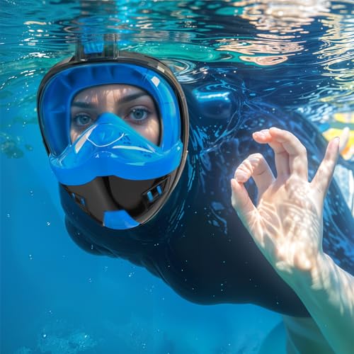 Full Face Snorkel Mask, Snorkeling Gear for Adults Kids with Latest Dry Top Breathing System and Detachable Camera Mount, with 180 Degree Panoramic View (Black Blue+White Green, S/M)