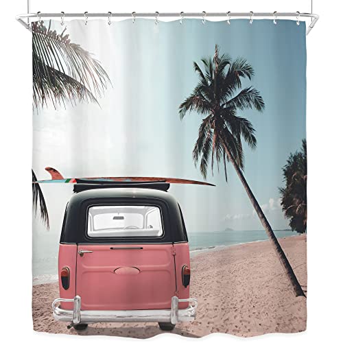Riyidecor Coastal Beach Shower Curtain For Bathroom Decor 60Wx72H Tropical Theme Retro Surf Palm Trees Summer Vacation Sky Holiday Cool Art Printed Fabric Polyester Waterproof 12 Pack Plastic Hooks #TOP5