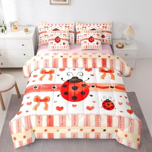 Image of Cartoon Ladybug Bedding Sets Queen Red Orange Bowknot Hearts Comforter Set Watercolor Stripes Grid Rustic Style All Season Comforter Flat Sheet Fitted Sheet 2 Pillowcases 2 Throw Pillow Covers 7 Pcs