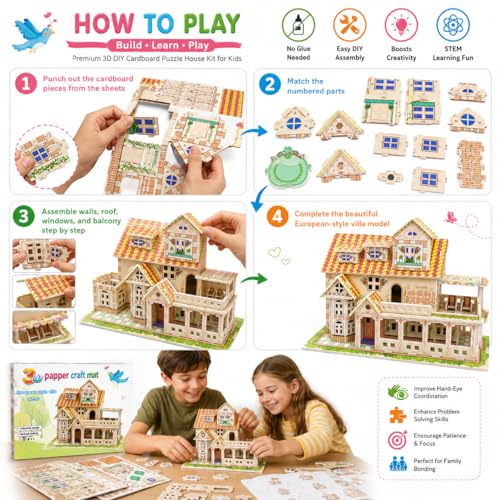 Image of Premimum 3D DIY House Puzzle Kit for Kids | Build & Assemble Model Craft Set | Creative Construction Toy for Skill Development, Educational & Imaginative Play Friendly Cardboard Puzzle Houses