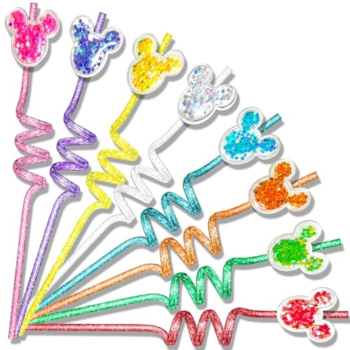 Image of Mouse Party Favors 24Pcs Glitter Mouse Ear Straws Glitter Drinking Straws Goodie Gifts for Birthday Party Supplies Decorations with 2 Clean Brushes