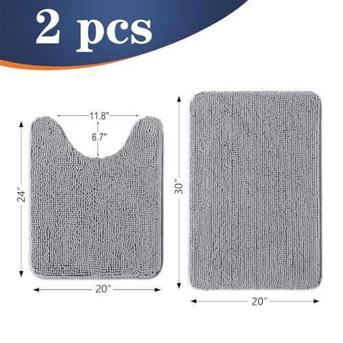 Image of OLANLY Bathroom Rugs Sets 2 Piece, Soft Absorbent Chenille Bath Mats and U-Shaped Contour Toilet Mat Area Rug Set, Machine Washable Bath Carpet, Home Decor Accessories (30 inchx20 inch+24 inchx20 inch, Grey)