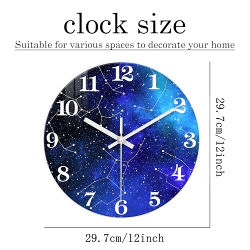 Image of XFM Blue Space Galaxy Wall Clock 12 Inch Silent Non-Ticking | Battery Operated Round Modern Glass Decorative for Living Room Kitchen Bedroom Office
