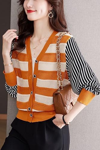 LAI MENG FIVE CATS Women's V-Neck Striped Cardigan Sweaters Long Sleeve Button Down Fashion Casual Tops3