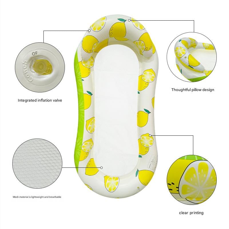 SOLDTRUE Inflatable Pool Raft Lounger with Lemon Pattern | Relaxing Mesh Cooling Bed | Durable & Comfortable Water Hammock for Adults & Kids | Summer Swim Accessory Air Pump Included (1 Pcs.) 3