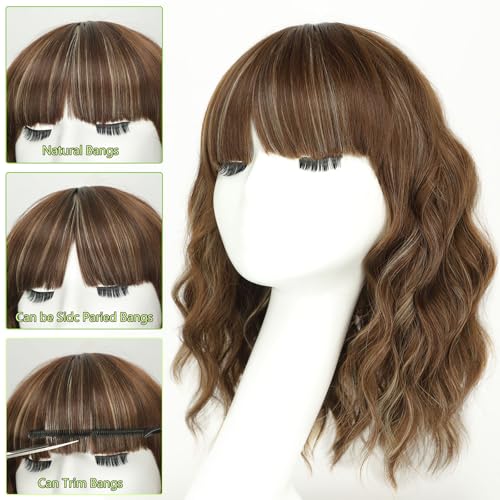 Image of AISI HAIR Curly Bob Wig with Bangs Short Wavy Soft Copper Brown Wigs for Women Bob Style Synthetic Heat Resistant Bob Wigs