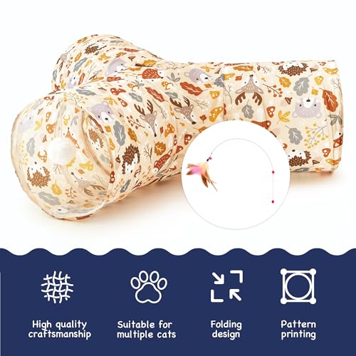 Image of Tempcore Cat Tunnel for Indoor Cats, 3 Way Collapsible Pet Play Tunnel with Teaser Wand, Peek Holes & Hanging Ball, Interactive Tube for Kittens & Rabbits, Beige Deer