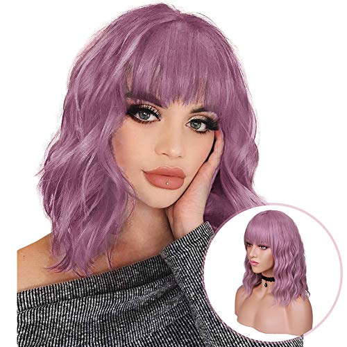 HANNE Natural Wave Short Synthetic Hair Wigs With Free Bangs For Black White Women Shoulder Length Glueless Curly Cosplay Halloween Synthetic Wigs (D Pink)