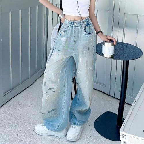 Girls Baggy Jeans with Pockets Kids Y2K Streetwear Relaxed Fit Elastic High Waisted Straight Leg Printed Denim Pants2