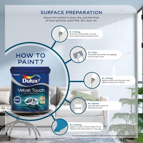 Image of Dulux Platinum Glo Super Premium Interior Emulsion Paint For Walls With 6 Years Warranty| Rich Matte Finish | Dirt & Dust Resistant | Smooth Colors, White(1 Litre,White Wisteria)