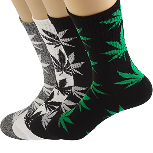 Doovid Weed Leaf Printed Socks Women Men Cotton Tube Socks Maple Leaf Fashion Socks Sports High Crew Socks 4 Pairs Black Grey Green White