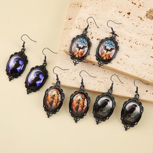 4 Pairs Gothic Mystery Witch Cameo Halloween Earring for Women Vintage Crystal Glass Witch Dangle Earring Punk Style Victorian Earring2