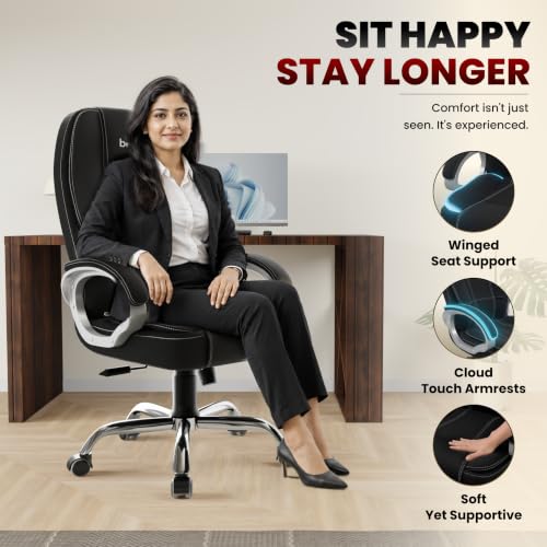 Image of beAAtho Vintage Executive High Back Ergonomic Fabric Office Chair with 3 Years Warranty | Revolving Director & Boss Seating | Orthopedic Design | Fabric Black