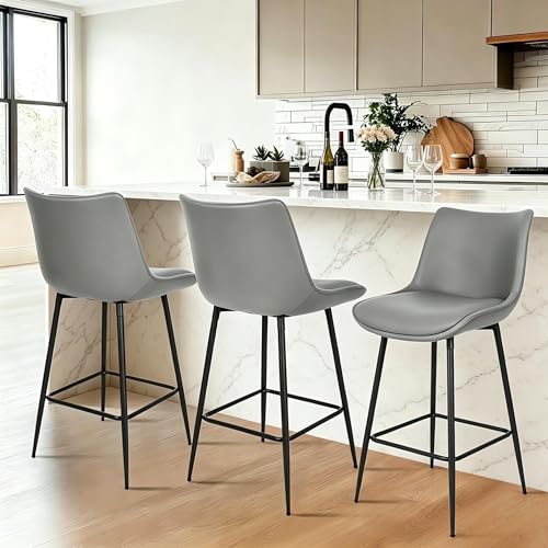 Image of Counter Height Bar Stools Set of 3, FSC Certified Upholstered Faux Leather Barstools with Back, Metal Base, 27 inch Seat Height, Modern Upholstered Counter Stools for Kitchen Island,(Gray)