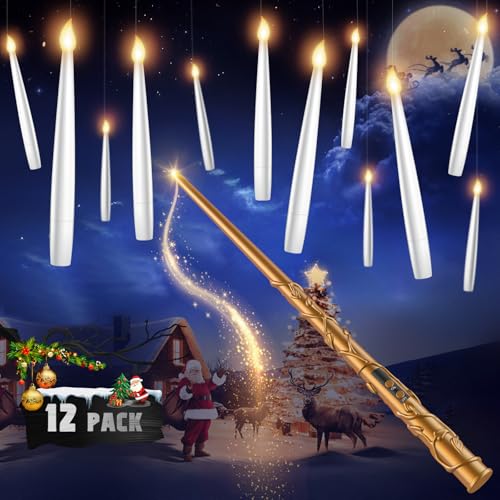 Floating Candles with Wand - 12 Pack Christmas Decorations Magic Flameless Candles Flickering Warm Light LED Hanging Candle Remote Battery Operated Candles for Christmas Outdoor Indoor Party Decor