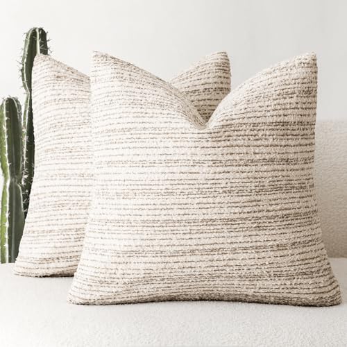 Image of Foindtower Set of 2 Faux Fur Textured Modern Throw Decorative Pillow Covers Square Accent Striped Cushion Sherpa Boho Farmhouse Pillowcase for Couch Sofa Living Room Home Decor 20x20 Inch,Ivory