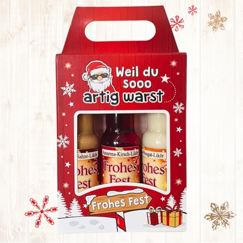 3er Box Weihnachtsliköre - Weil du so artig warst - Nuss Nougat Amarena Kirsch Schoko Sahne Likör | Geschenk zu Weihnachten in schöner Geschenkverpackung