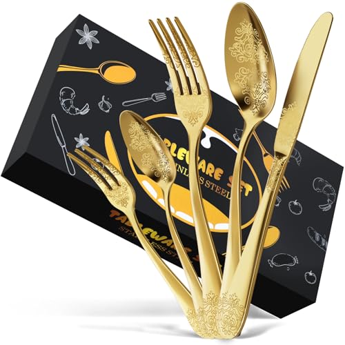 DRAGON RIOT Gold Besteck Set 40-Teilig, Edelstahl Besteckset für 8 Personen, Essbesteck Set mit Messer, Gabel, Löffel, Cutlery Set für Haushalt,...