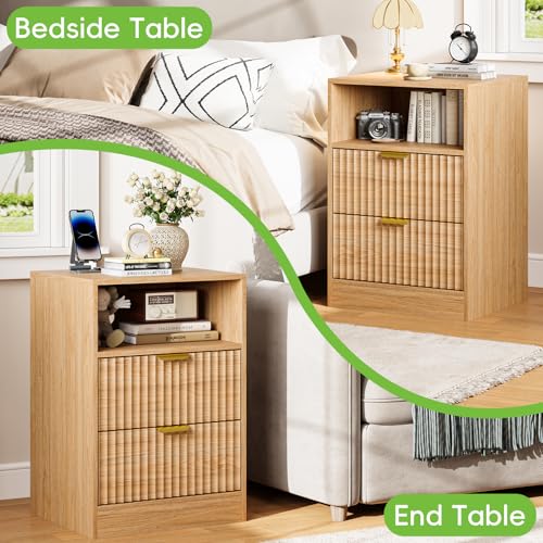 Image of Night Stand Set 2, LED Nightstand with Charging Station, Fluted Nightstands Set of 2 with 2 Drawers, Wood Side Table End & Bedside Tables for Bedroom Sofa Office, Natural Oak