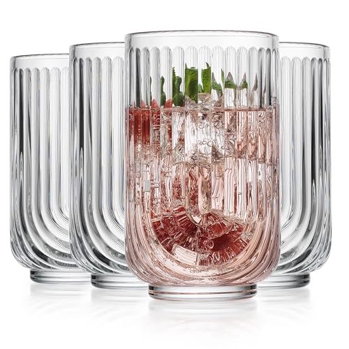 Glaver’s Vintage Glassware Art Deco Glasse Ribbed Drinking Glasses U-Shape Arch Design Colored Cocktail Kitchen Tumblers Everyday Dinner Decorative Party (Clear S/4 17oz)