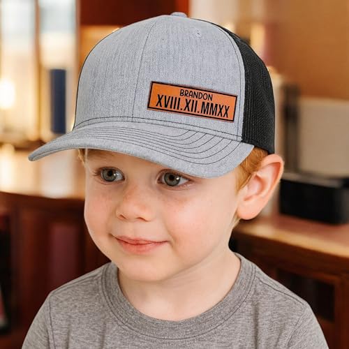 Custom Kids Hat with Name and Roman Numeral Date, Personalized Trucker Cap for Boys, Toddler Birthday or Milestone Gift, Adjustable Youth Hat Black4