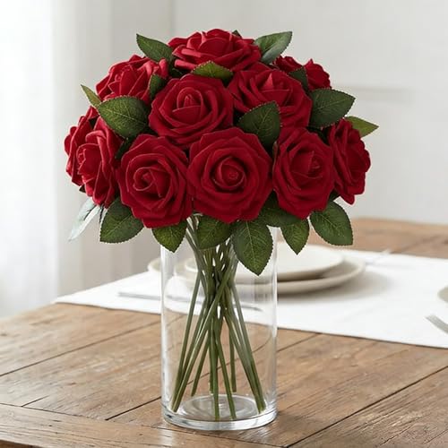 Image of 100Pcs Real Looking Burgundy Artificial Rose Flower Heads, Foam Fake Roses for DIY Wedding Decorations Baby Shower Centerpieces Home Party Valentine's Day Mother's Day Decor