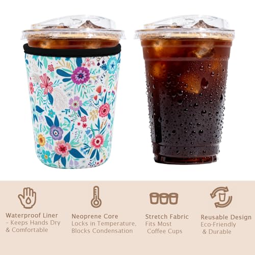 Image of Reusable Insulated Sleeve for Iced Coffee Cup, Coffee Neoprene Sleeve for Cold & Hot Drinks, Beverage Holder for Iced Coffee (Boho Floral, Small: 16-18oz)