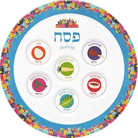 The Dreidel Company Seder Plate Passover Plate Melamine Jerusalem Design Passover Seder Plates, Traditional Kaarah For Pesach 12" (Single) Cover