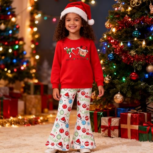 Image of Toddler Girl Clothes Long Sleeve Cartoon & Letter Graphic Top + Fruit Stationery Print Flared Leg Pants