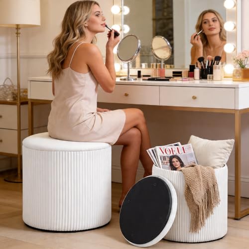 Canpsky White Vanity Stool Set of 2 - Round Storage Ottoman with Lid Velvet Footrest Pouf for Makeup Room & Living Room Multi-Use Small Chair with Hidden StorageWhite