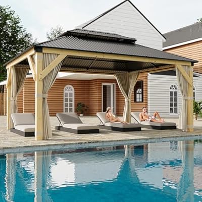 Hipicute 12x16FT Hardtop Gazebo,Wooden Gazebos with Solid Spruce Frame and Aluminum Double Roof,Curtains and Netting Included, Outdoor Gazebo for Garden,Patio,Lawns,Parties