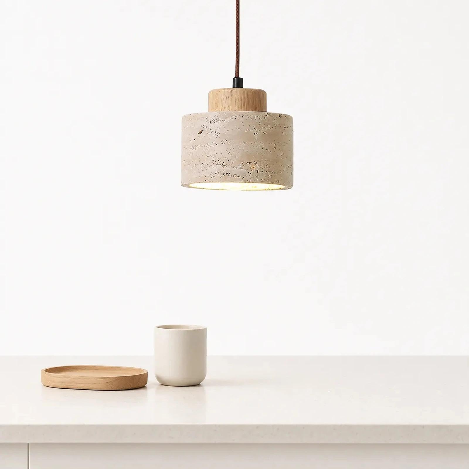 Natural Stone Pendant Light, Travertine Cylinder Shade with Wood Detail