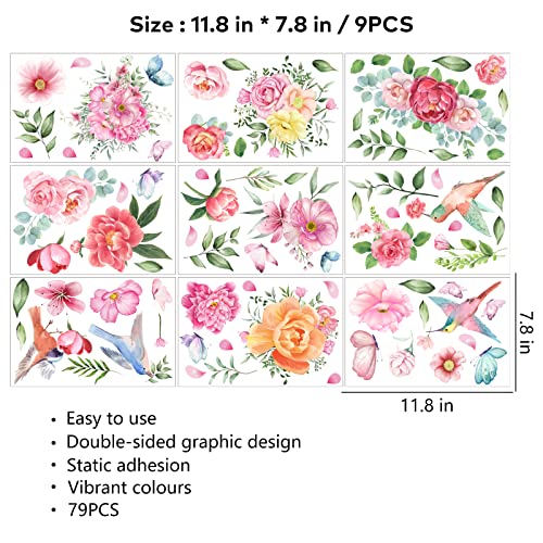 Image of 79 PCS Spring Window Clings,Spring Flower Window Clings for Glass Windows,Double-Sided Birds Floral Butterfly Window Stickers for Spring Decor (9 Sheets)